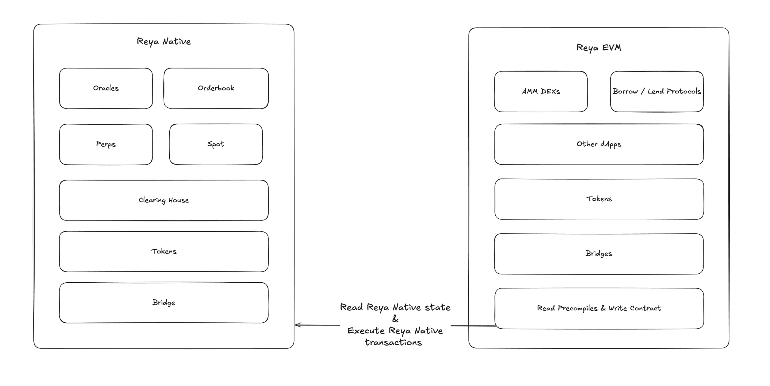 Diagram of the two execution environments. Reya Native holds oracles, the orderbook, perps, spot, the clearing house, tokens and the bridge. Reya EVM holds AMM DEXs, borrow and lend protocols, other dApps, tokens and bridges. Reya EVM reads Reya Native state and executes Reya Native transactions through read precompiles and a write contract.